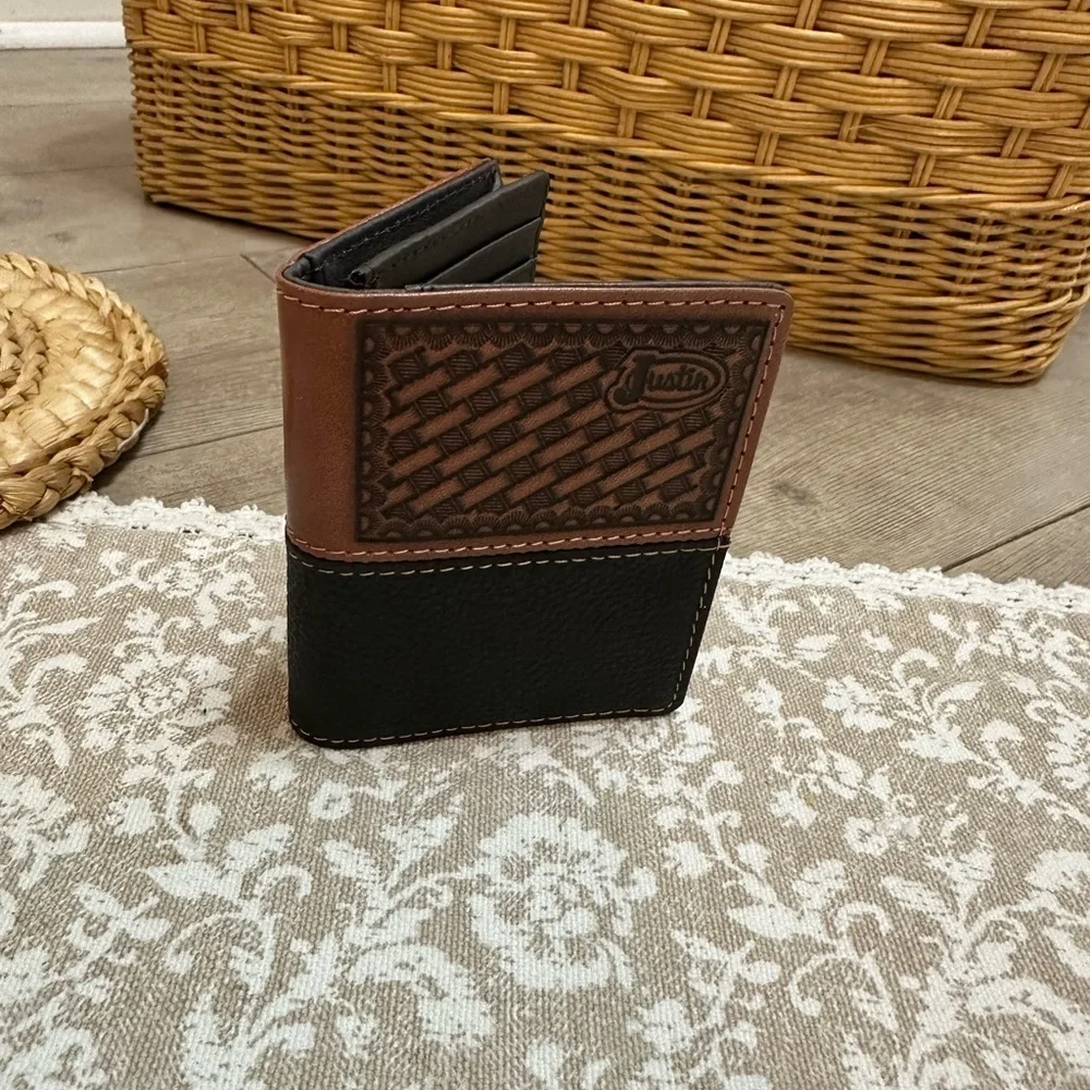 New Justin Boots Mens Leather Wallet Bi Fold Basketweave Card Wallet Brown Black
